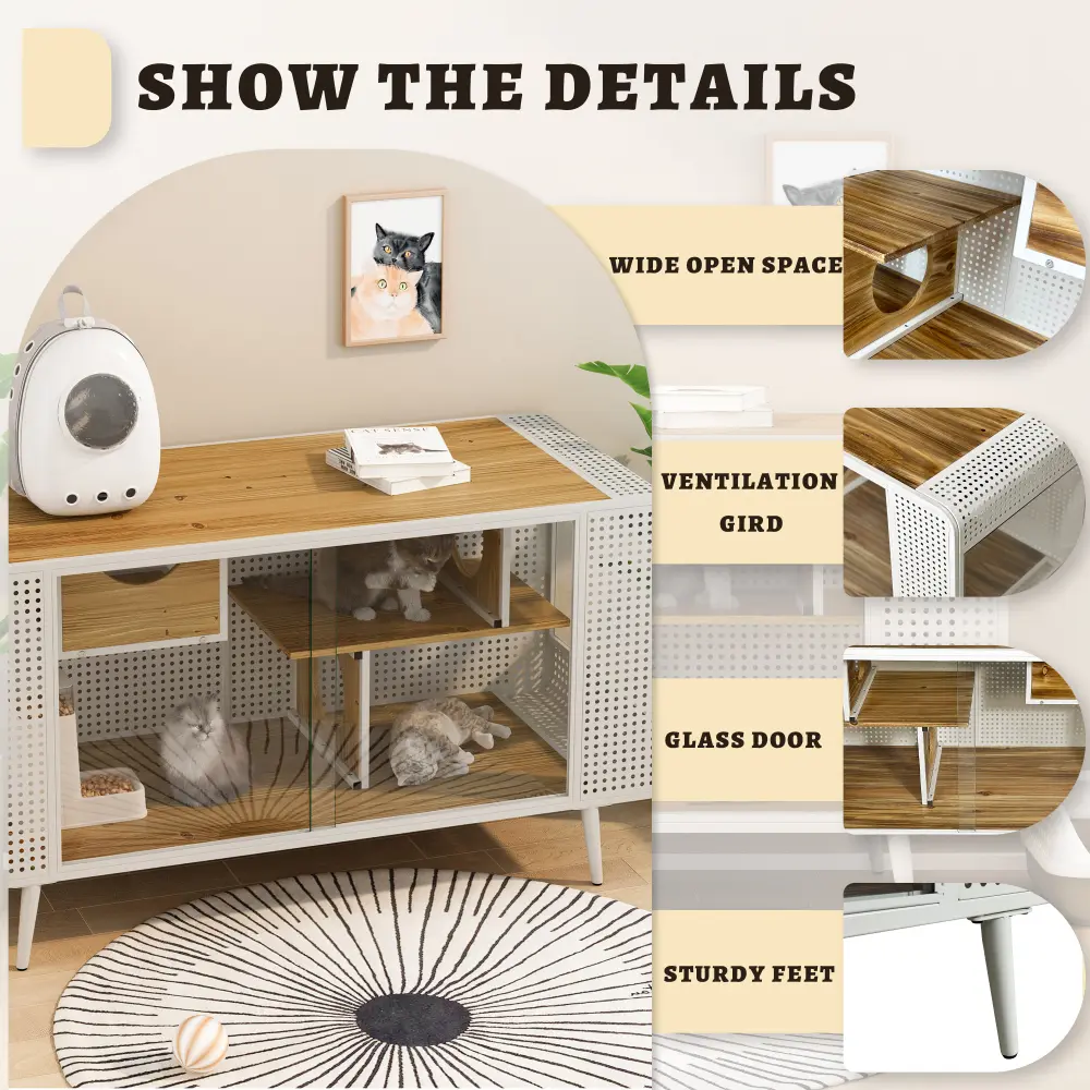 55.12 "Spacious Cat House with Tempered Glass, for Living Room, Hallway, Study and Other Spaces (White) Cat House
