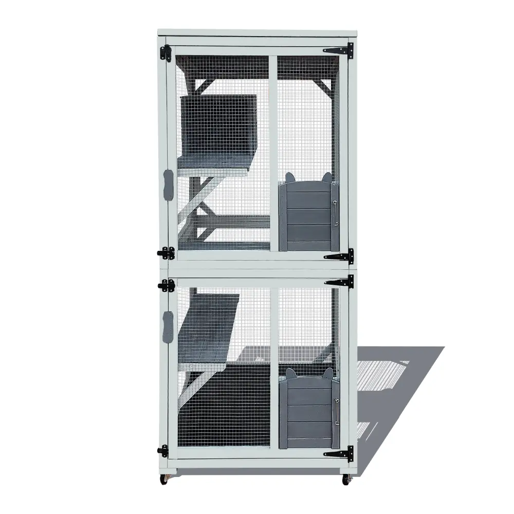 30.7" Wooden Outdoor Deluxe Cat House on Wheels, 4 Deck and Weatherproof Asphalt Roof with Sliding Door Cat House