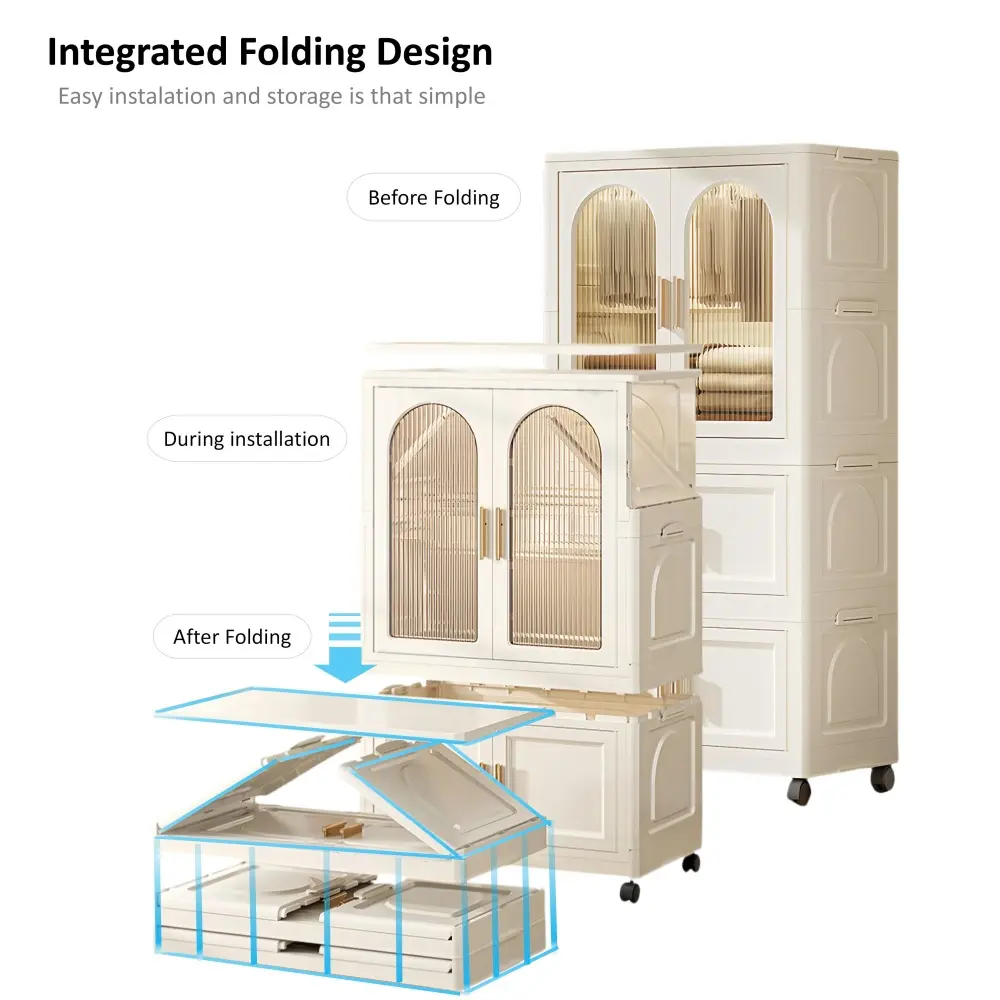 25.59" Side Width Folding Wardrobe with Magnetic Doors, Plastic Storage Cabinet on Wheels Storage Box  Storage