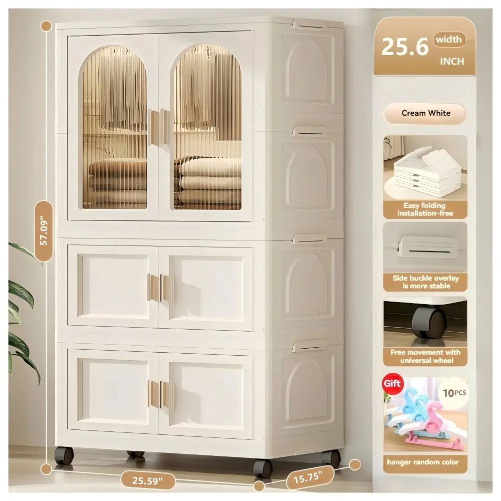25.59" Side Width Folding Wardrobe with Magnetic Doors, Plastic Storage Cabinet on Wheels Storage Box  Storage