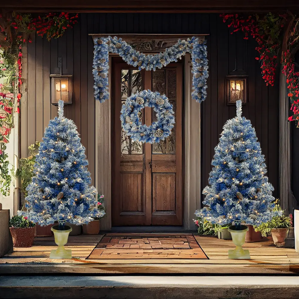 Pre-lit Xmas Tree Artificial Christmas 4-Piece Set,Garland, Wreath and Set of 2 Entrance Trees X-mas with LED Lights, Christmas