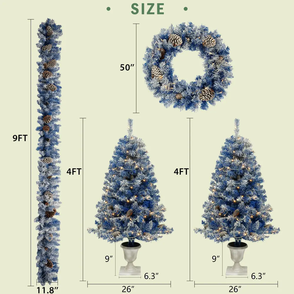 Pre-lit Xmas Tree Artificial Christmas 4-Piece Set,Garland, Wreath and Set of 2 Entrance Trees X-mas with LED Lights, Christmas