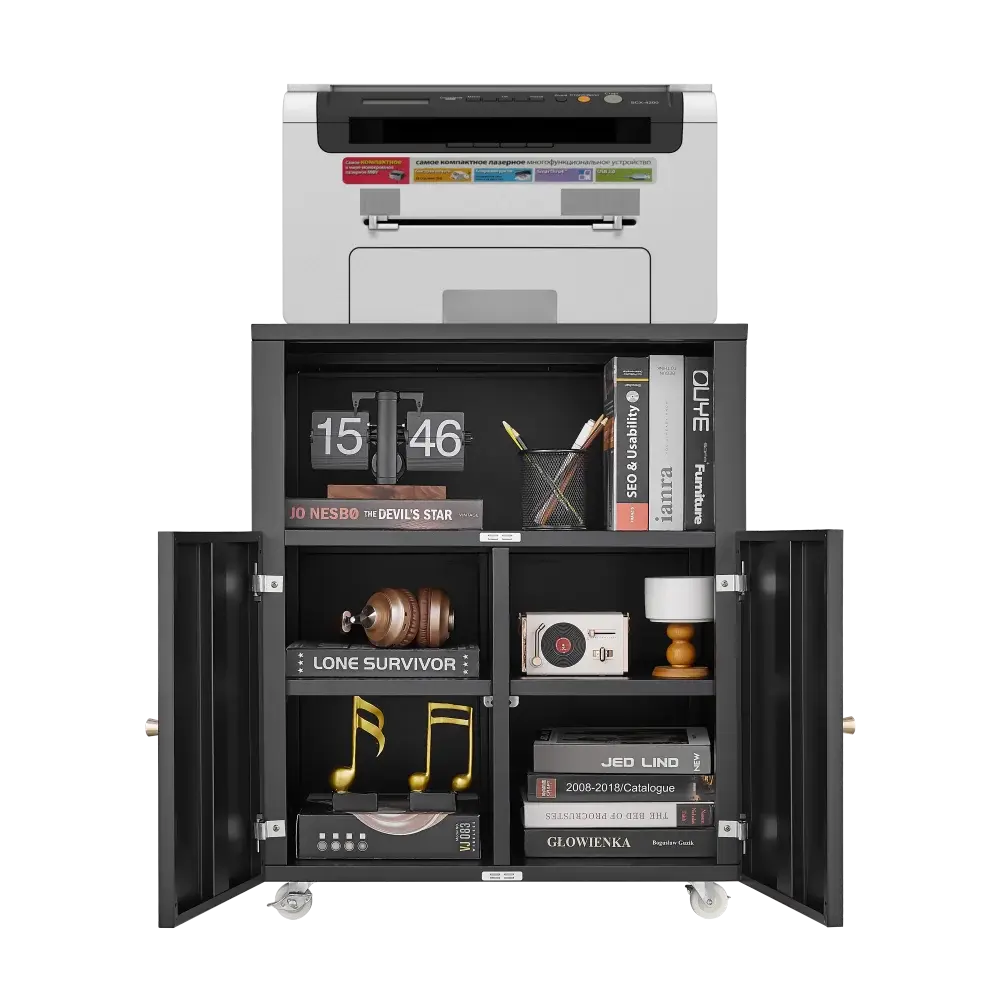Home Office Printer Stand on Wheels, Printer Desk with Filing Door, Mobile Horizontal Filing Cabinet with Open Storage Shelves