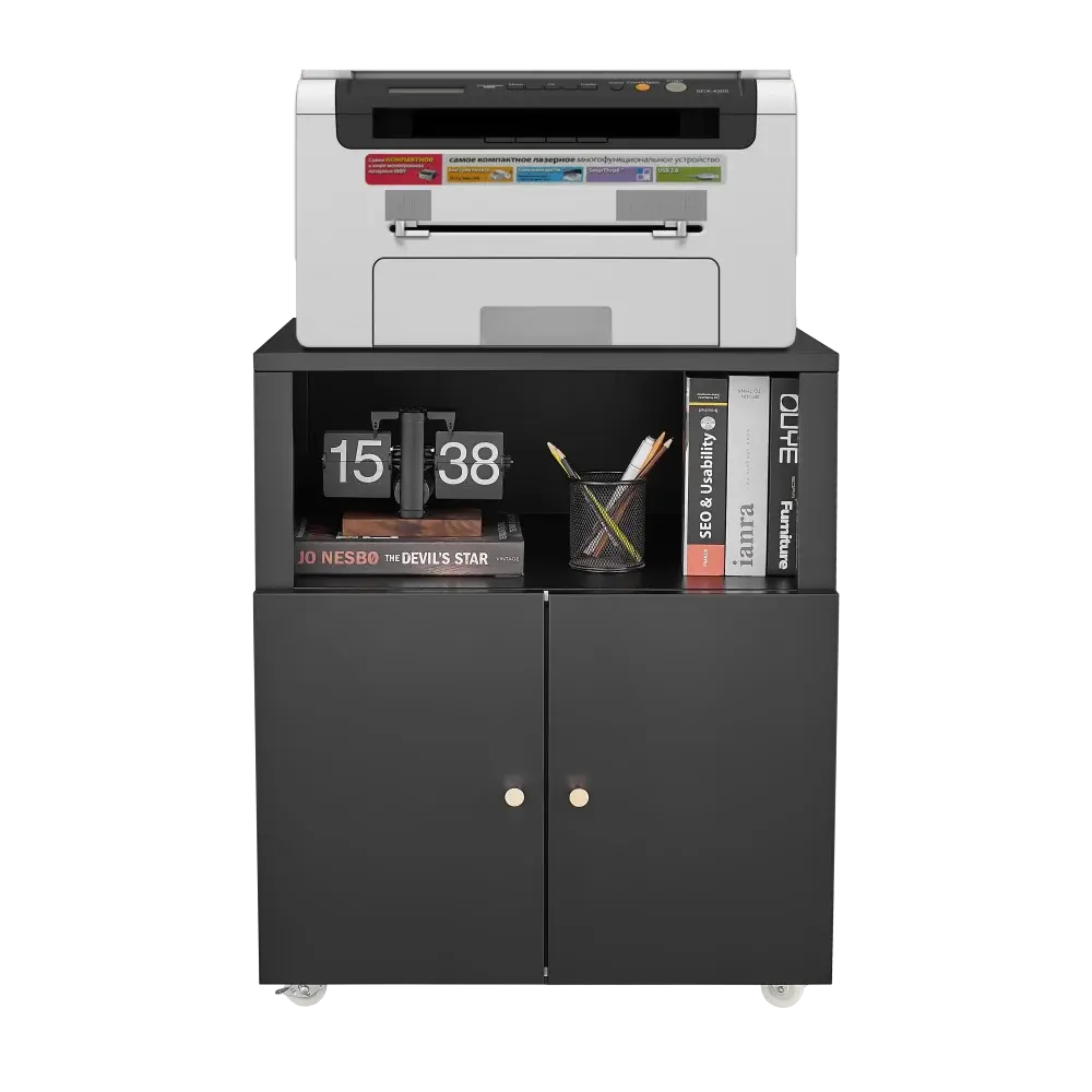 Home Office Printer Stand on Wheels, Printer Desk with Filing Door, Mobile Horizontal Filing Cabinet with Open Storage Shelves