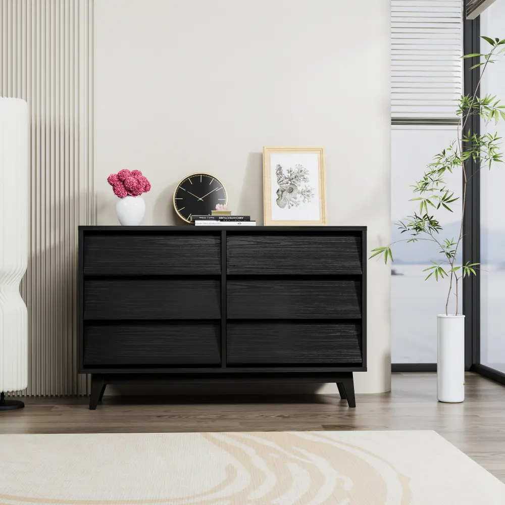 6 Drawer Double Dresser Features Vintage-style and Bevel Design Furniture  Storage Cabinet
