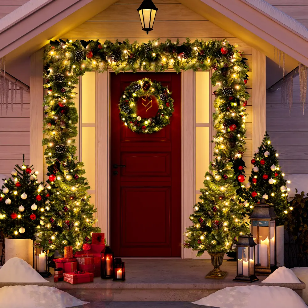 Pre-lit Xmas Tree Artificial Christmas 4-Piece Set,Garland, Wreath and Set of 2 Entrance Trees X-mas with LED Lights, Christmas