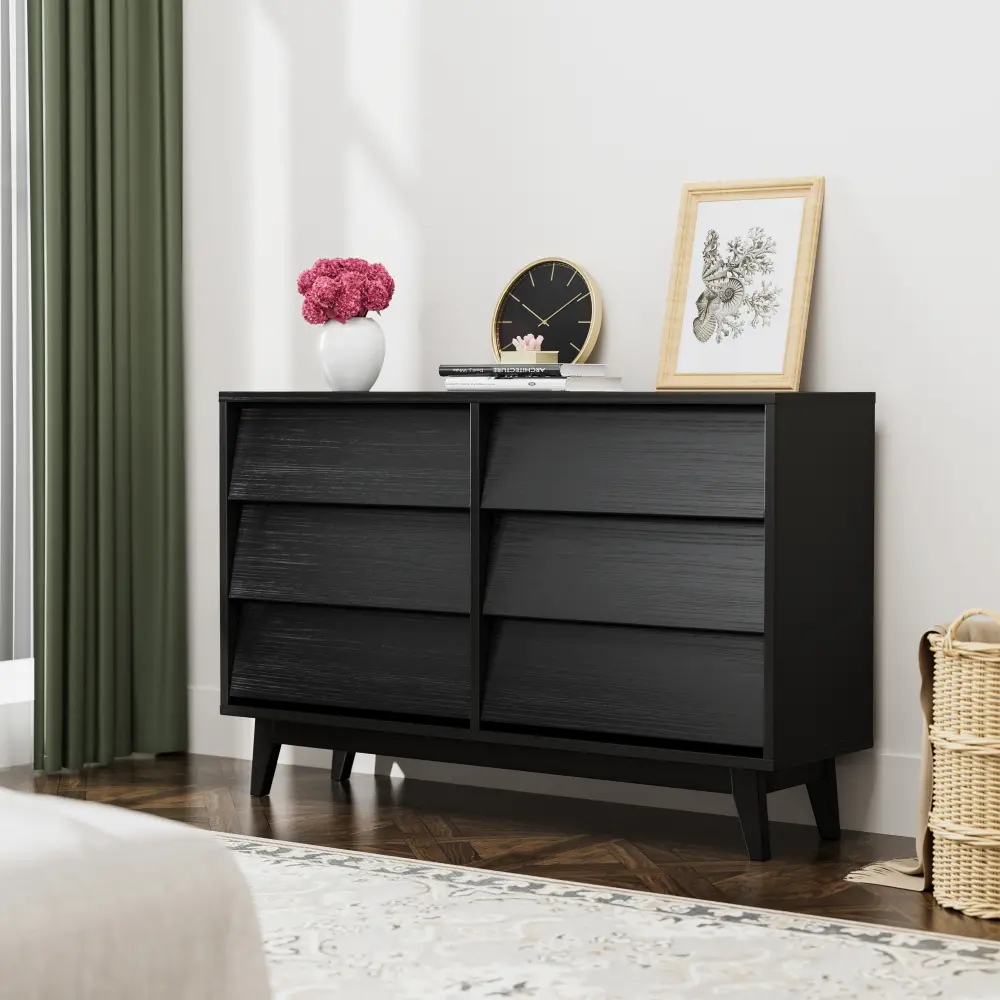 6 Drawer Double Dresser Features Vintage-style and Bevel Design Furniture  Storage Cabinet
