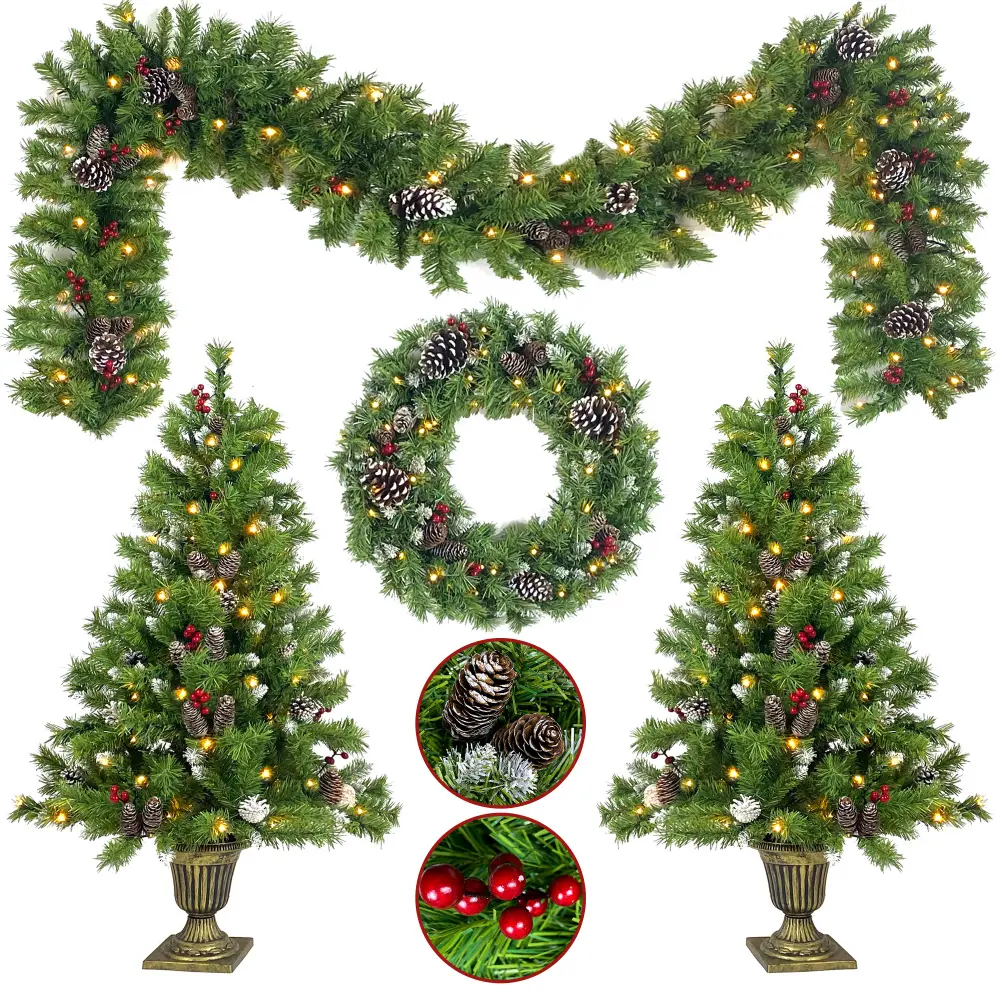 Pre-lit Xmas Tree Artificial Christmas 4-Piece Set,Garland, Wreath and Set of 2 Entrance Trees X-mas with LED Lights, Christmas