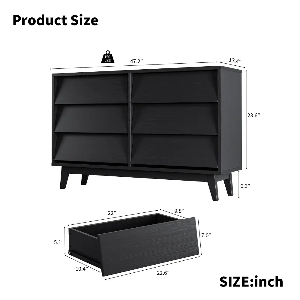 6 Drawer Double Dresser Features Vintage-style and Bevel Design Furniture  Storage Cabinet