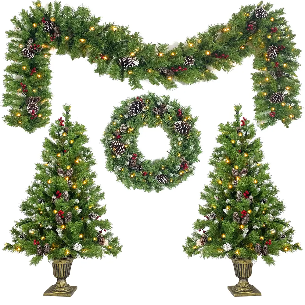 Pre-lit Xmas Tree Artificial Christmas 4-Piece Set,Garland, Wreath and Set of 2 Entrance Trees X-mas with LED Lights, Christmas