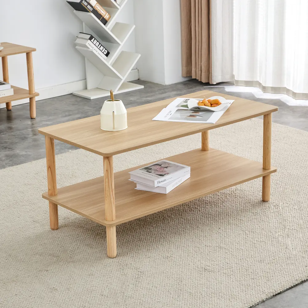 Modern 2 Tier Coffee Table for Living Room Furniture, Rectangular Center Table with Open Storage Shelf, Stable and Durable