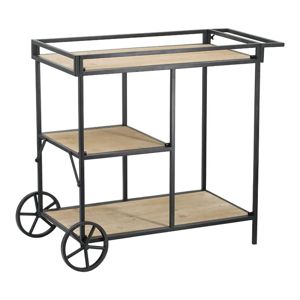 32 Inch Bar Cart, 3 Tiers, Fir Wood Shelves, Iron Frame, Bar Cart