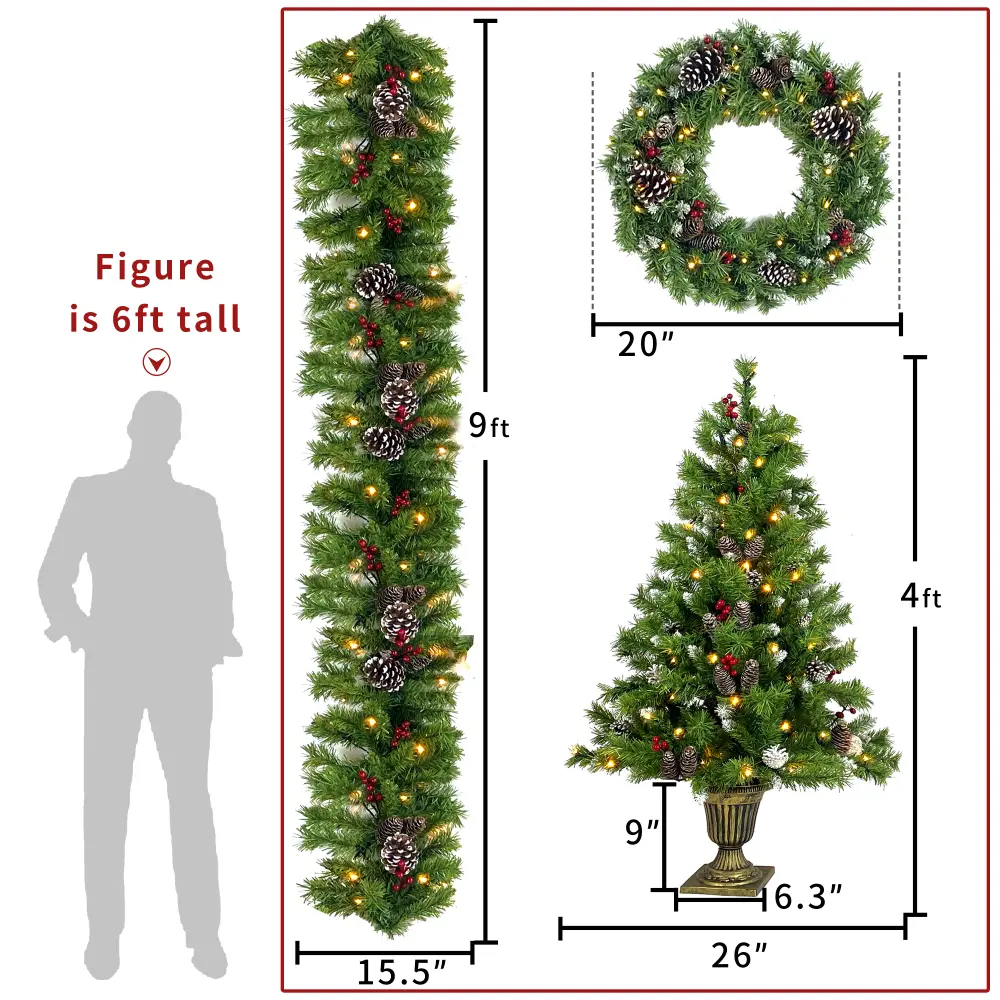 Pre-lit Xmas Tree Artificial Christmas 4-Piece Set,Garland, Wreath and Set of 2 Entrance Trees X-mas with LED Lights, Christmas