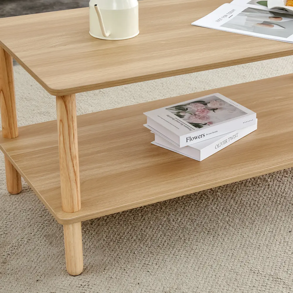 Modern 2 Tier Coffee Table for Living Room Furniture, Rectangular Center Table with Open Storage Shelf, Stable and Durable