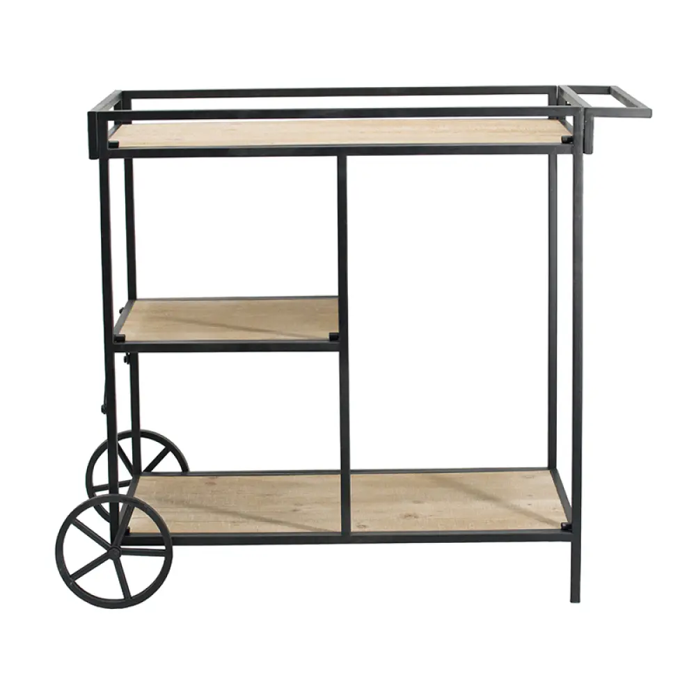 32 Inch Bar Cart, 3 Tiers, Fir Wood Shelves, Iron Frame, Bar Cart