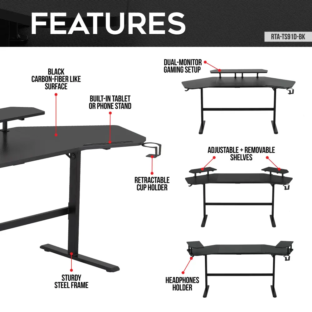 Gaming Desk with Shelves & Accessory Holder, Black  Computer Desk