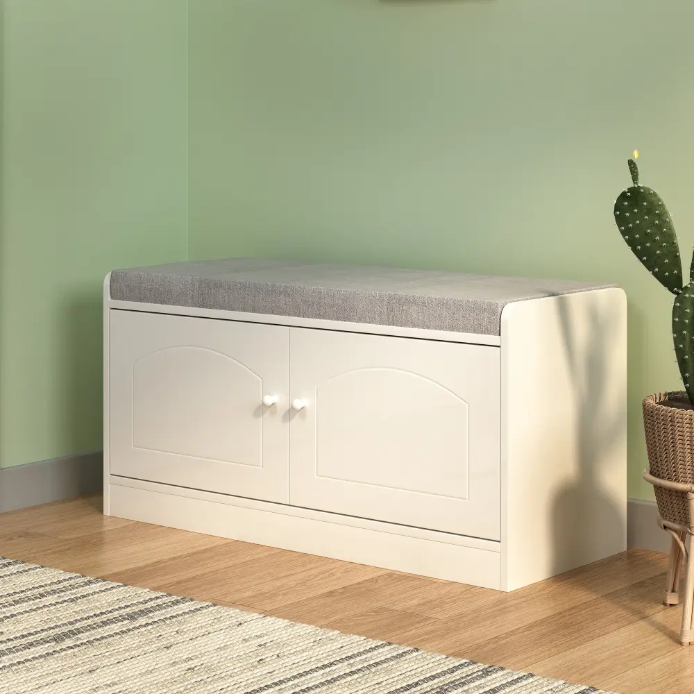 Shoe Cabinet with 2 Doors, Entrance Bench with Shoe Cabinet Adjustable Shelves, White + Gray Home Furniture  Shoe Rack