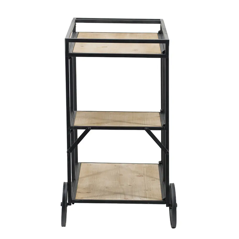 32 Inch Bar Cart, 3 Tiers, Fir Wood Shelves, Iron Frame, Bar Cart
