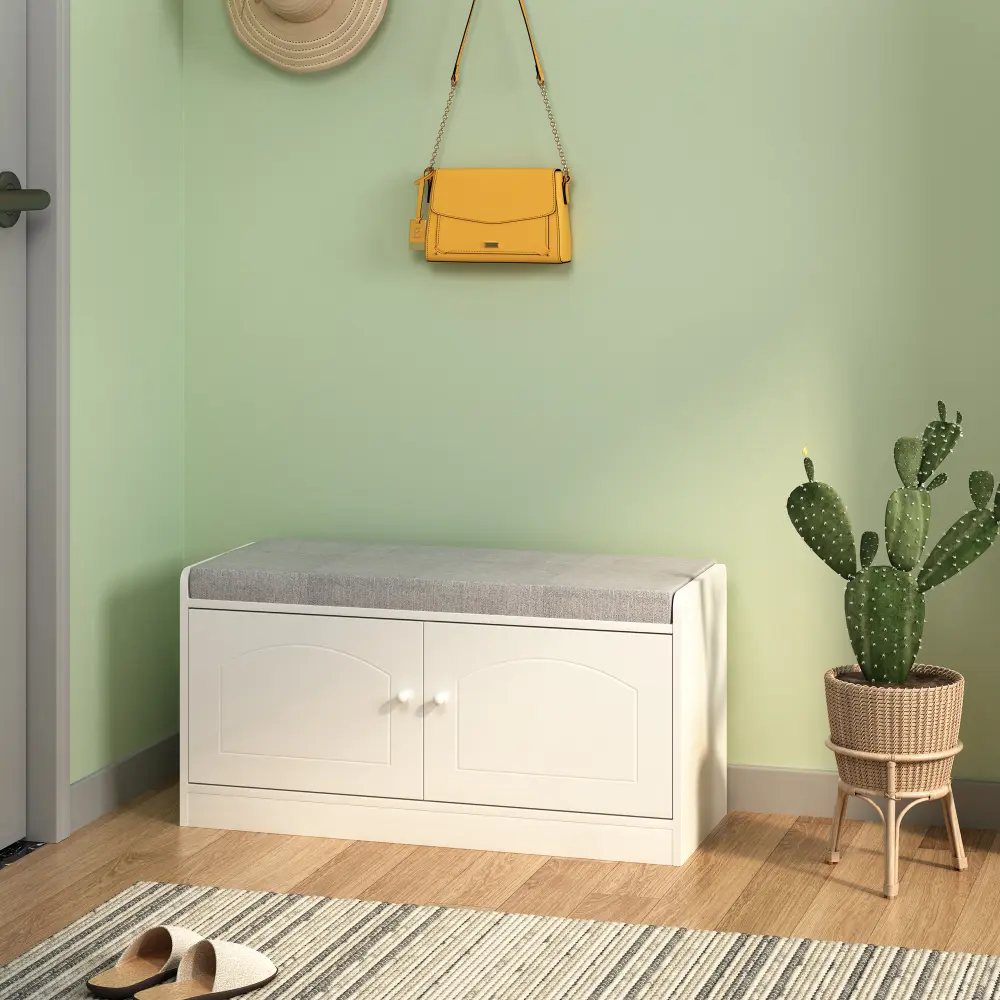 Shoe Cabinet with 2 Doors, Entrance Bench with Shoe Cabinet Adjustable Shelves, White + Gray Home Furniture  Shoe Rack