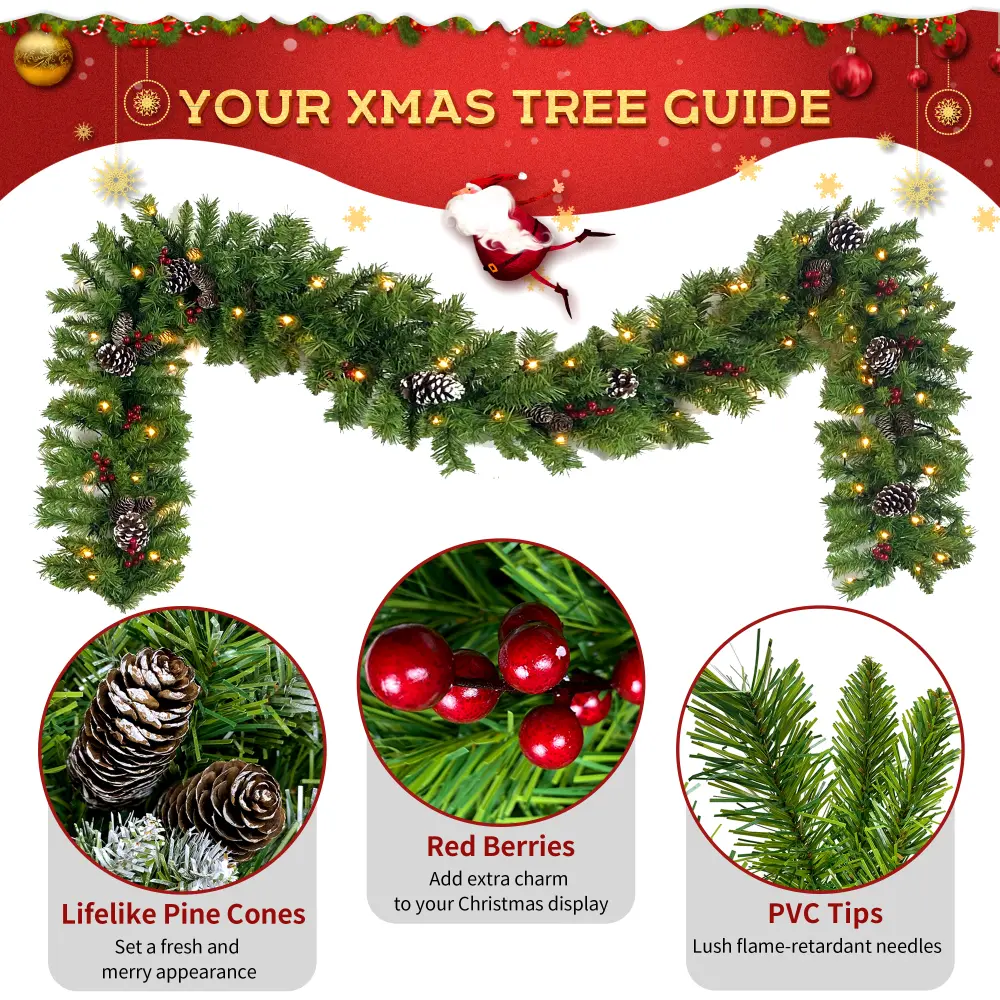 Pre-lit Xmas Tree Artificial Christmas 4-Piece Set,Garland, Wreath and Set of 2 Entrance Trees X-mas with LED Lights, Christmas