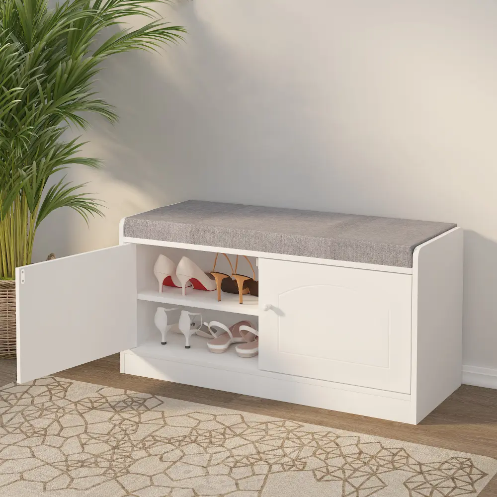 Shoe Cabinet with 2 Doors, Entrance Bench with Shoe Cabinet Adjustable Shelves, White + Gray Home Furniture  Shoe Rack