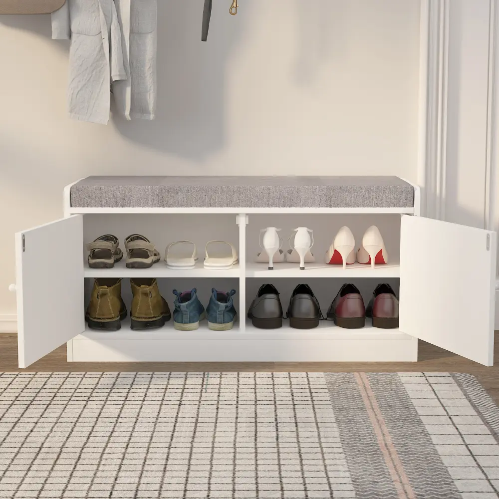 Shoe Cabinet with 2 Doors, Entrance Bench with Shoe Cabinet Adjustable Shelves, White + Gray Home Furniture  Shoe Rack