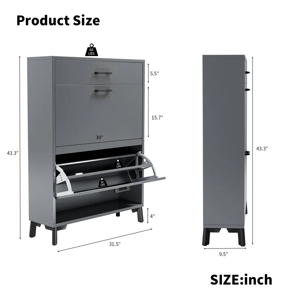 Entryway Shoe Cabinet, Freestanding Shoe Cabinet with 2 Flap Drawers, Hidden Shoe Shelf Shoe Organizer and Storage