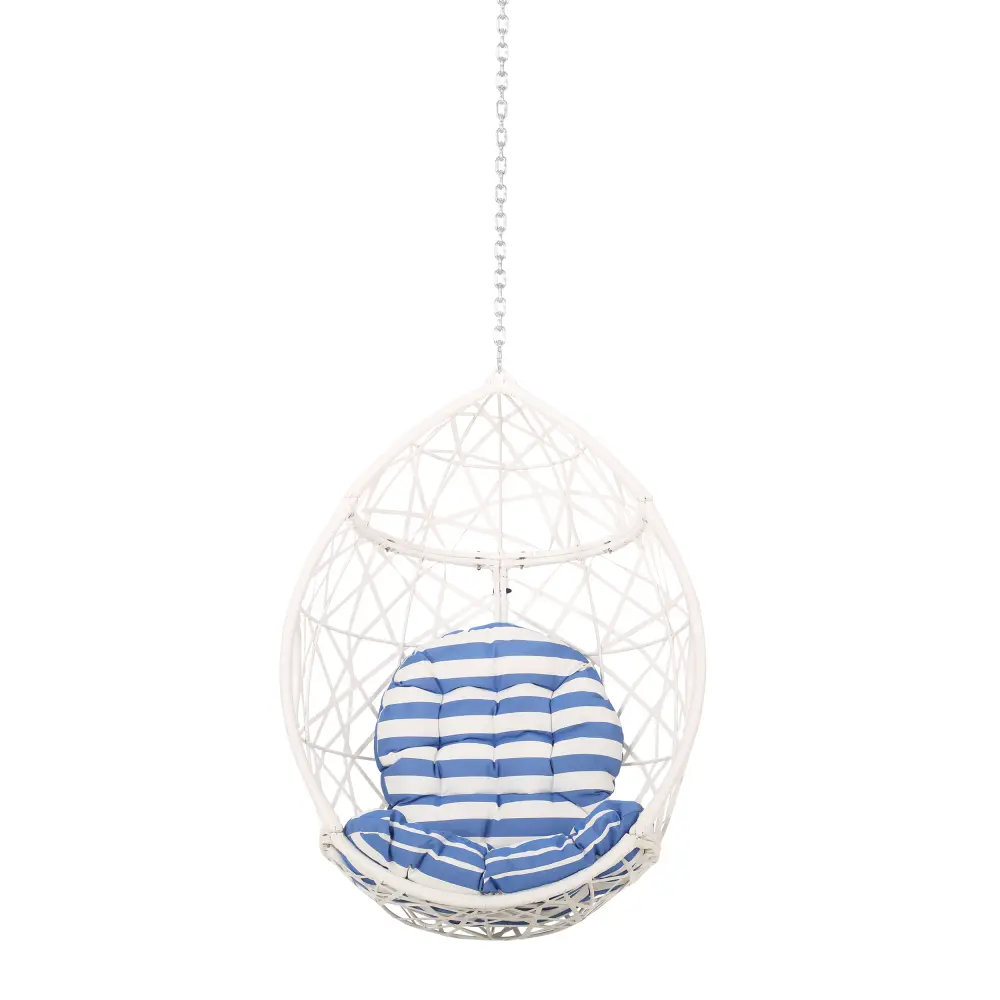 Hanging Basket Chair with 8FT Chain,Teardrop Chair,Water-resistant Cushions,White+Blue Chair