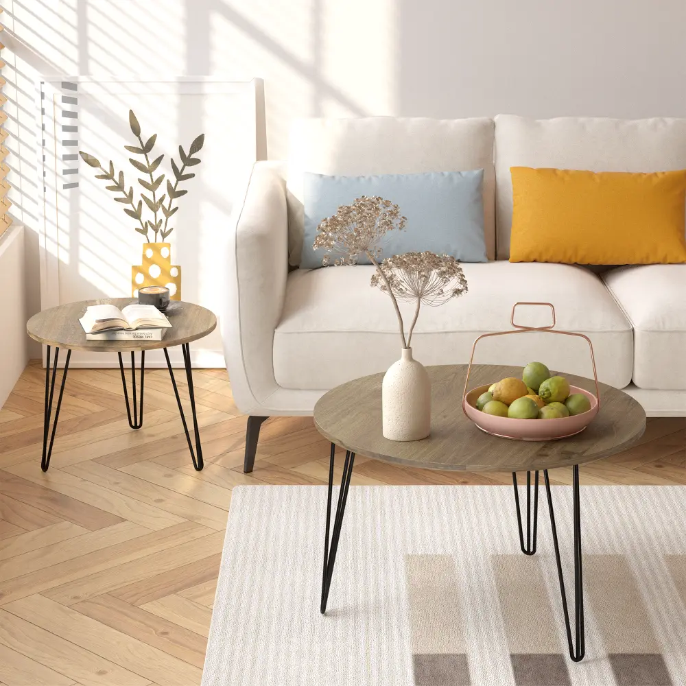 27.56 Inch Round Nesting Coffee Tables Set of 2, Round Wood Tabletop, Sturdy Metal Base for Living Room, Bedroom