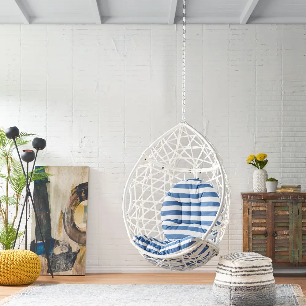 Hanging Basket Chair with 8FT Chain,Teardrop Chair,Water-resistant Cushions,White+Blue Chair
