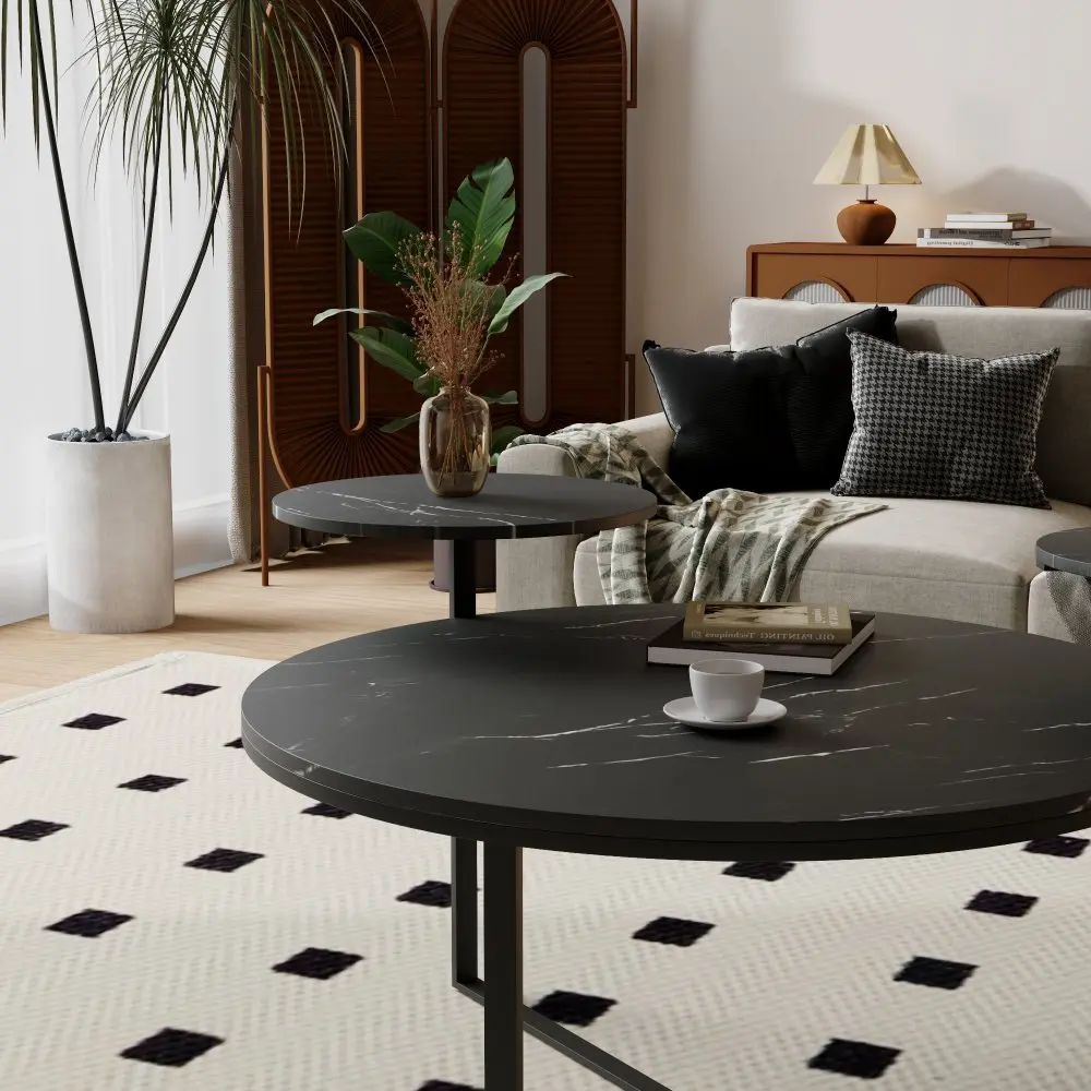 Modern Coffee Table with Two Display Shelves,Black Faux Marble Surfaces,Tripod-inspired Base,Rounded Tabletop Edges CoffeeTables
