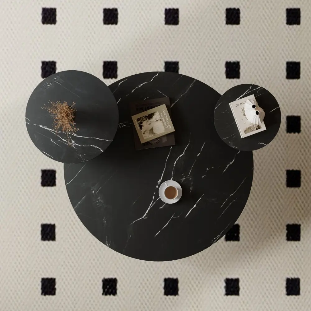 Modern Coffee Table with Two Display Shelves,Black Faux Marble Surfaces,Tripod-inspired Base,Rounded Tabletop Edges CoffeeTables