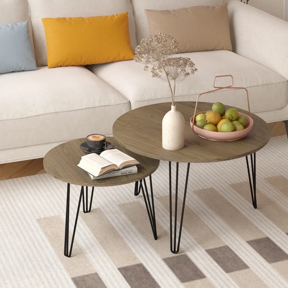 27.56 Inch Round Nesting Coffee Tables Set of 2, Round Wood Tabletop, Sturdy Metal Base for Living Room, Bedroom