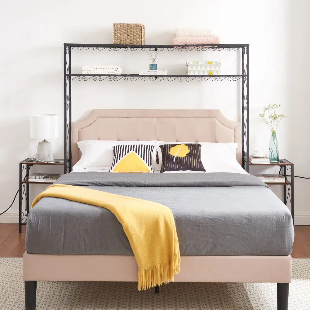 Queen Size Bed Frame with 2 Nightstands, Headboard with Storage, Headboard with Shelves, Easy To Assemble for Bedroom Bed Frame