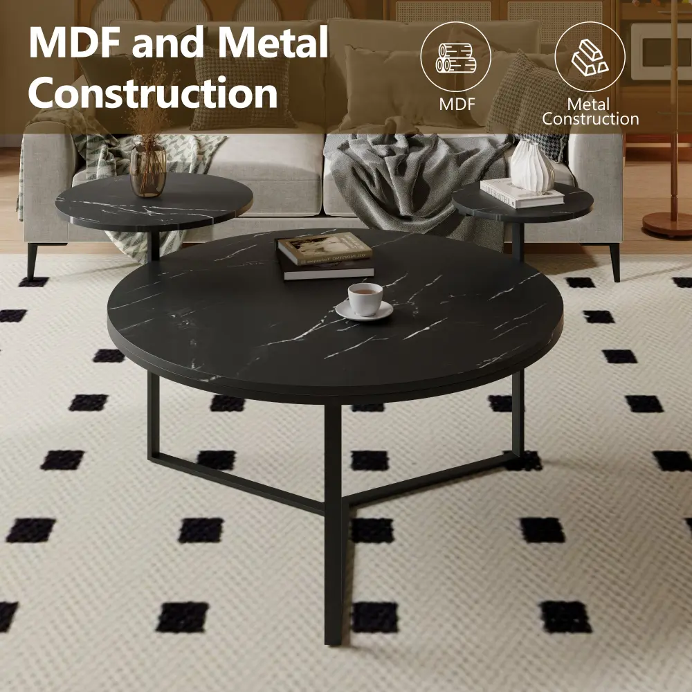 Modern Coffee Table with Two Display Shelves,Black Faux Marble Surfaces,Tripod-inspired Base,Rounded Tabletop Edges CoffeeTables