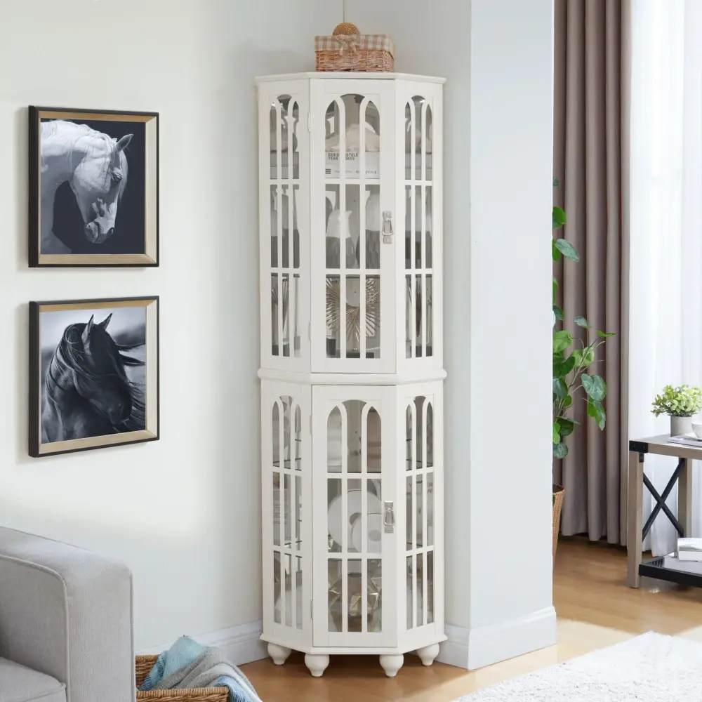 Corner Curio Cabinet with 4 Adjustable Tempered Glass Shelves and Lighting System Storage Cabinet  Glass Cabinet