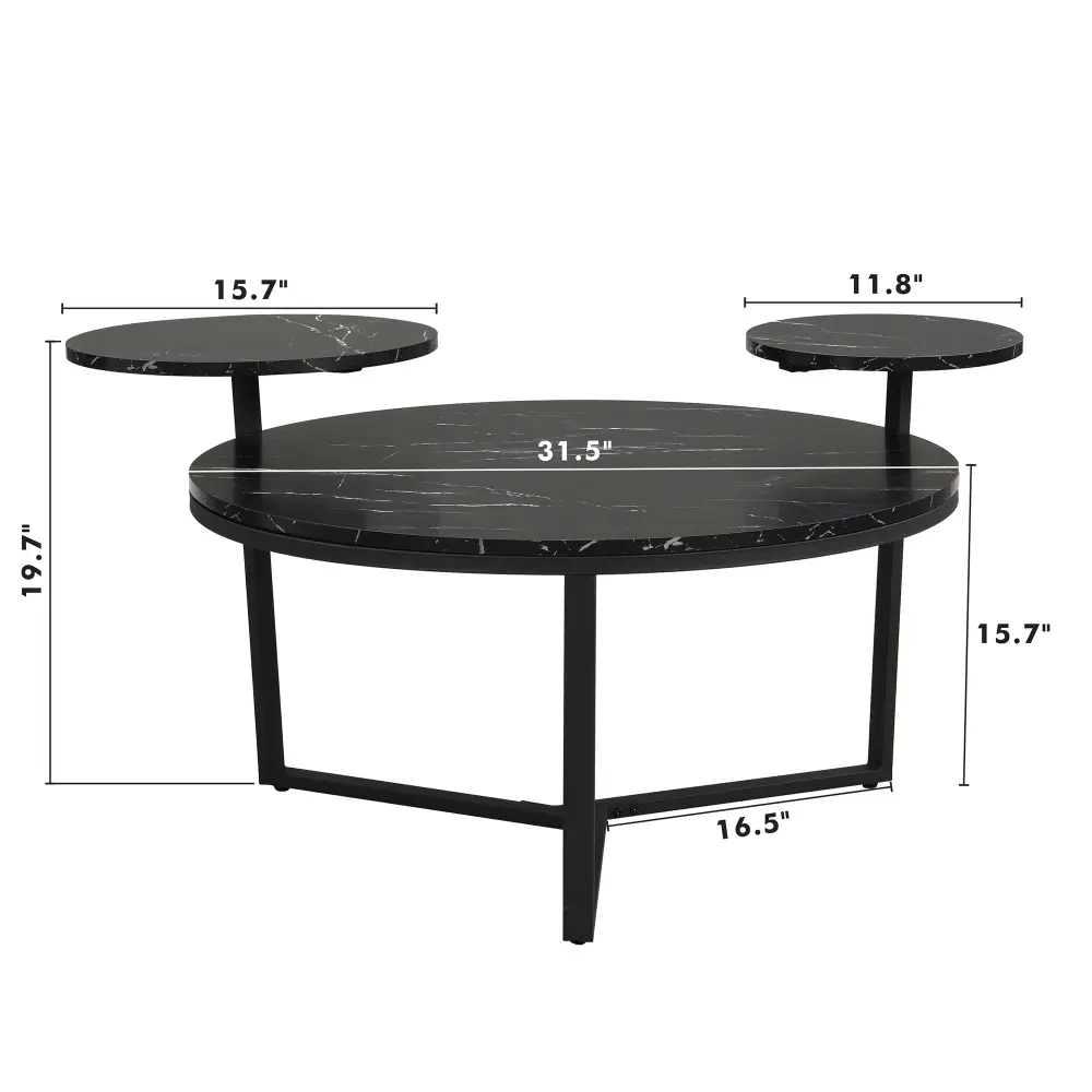 Modern Coffee Table with Two Display Shelves,Black Faux Marble Surfaces,Tripod-inspired Base,Rounded Tabletop Edges CoffeeTables
