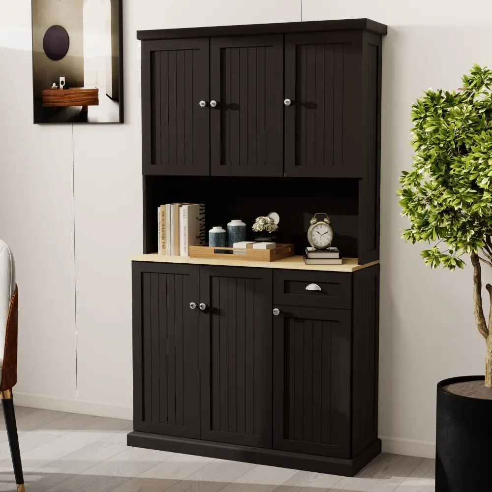 71" Kitchen Pantry with Microwave Countertop, Freestanding Pantry with Adjustable Shelves Sideboard