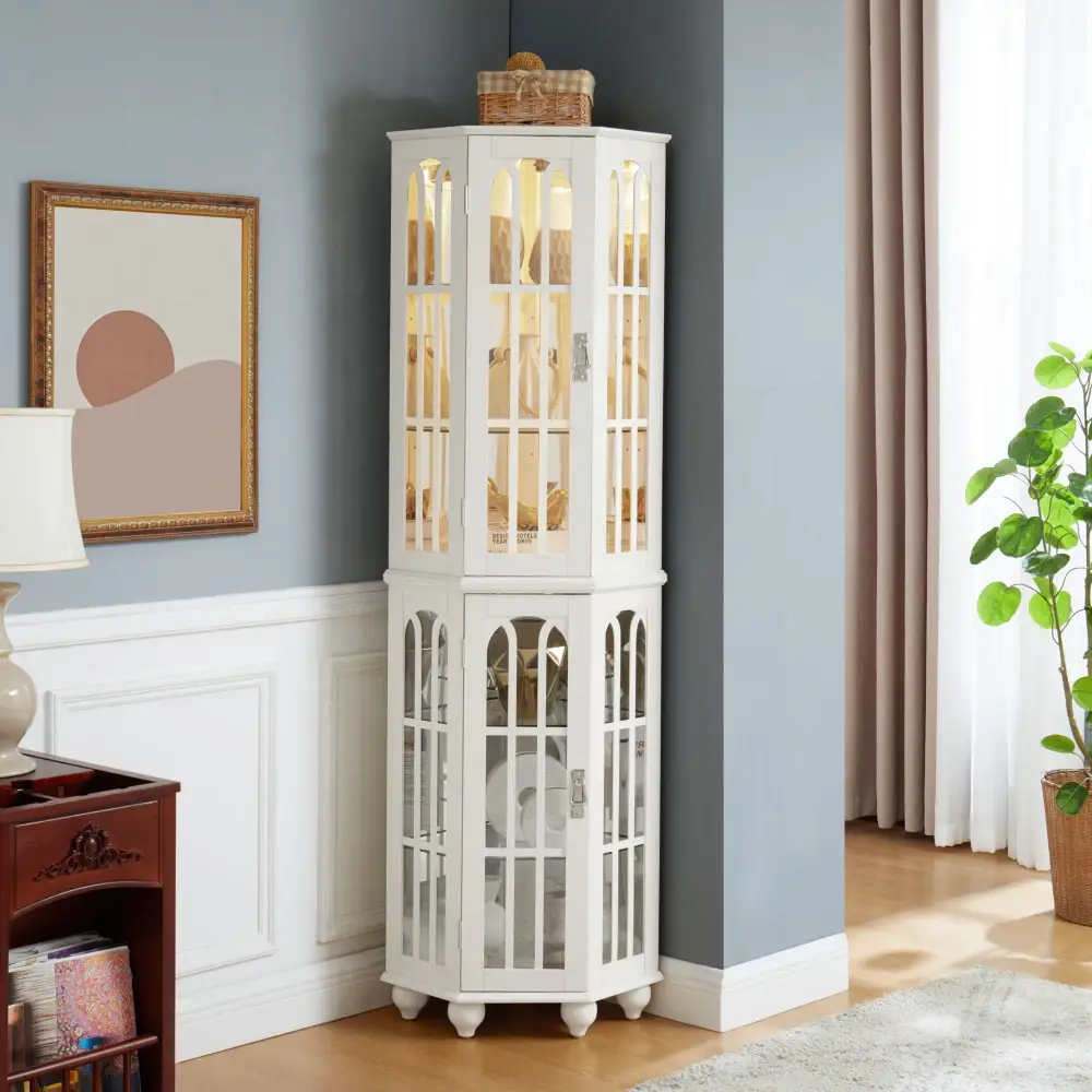Corner Curio Cabinet with 4 Adjustable Tempered Glass Shelves and Lighting System Storage Cabinet  Glass Cabinet