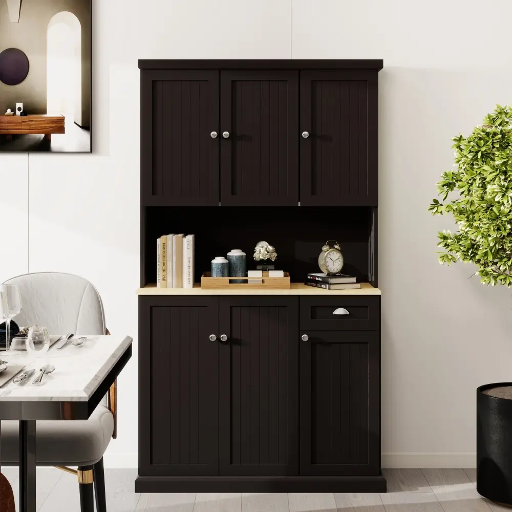 71" Kitchen Pantry with Microwave Countertop, Freestanding Pantry with Adjustable Shelves Sideboard
