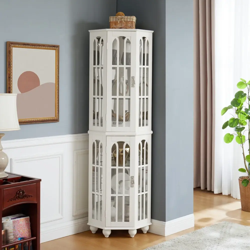Corner Curio Cabinet with 4 Adjustable Tempered Glass Shelves and Lighting System Storage Cabinet  Glass Cabinet