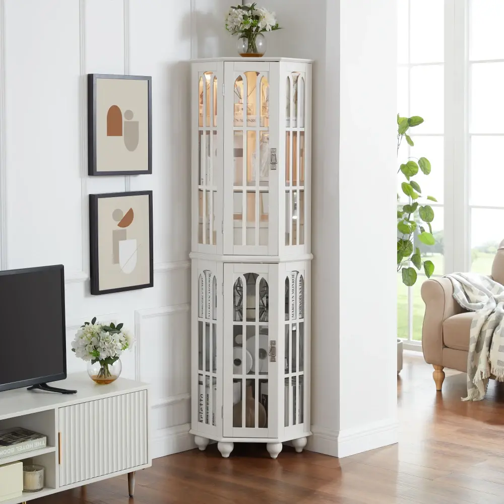 Corner Curio Cabinet with 4 Adjustable Tempered Glass Shelves and Lighting System Storage Cabinet  Glass Cabinet