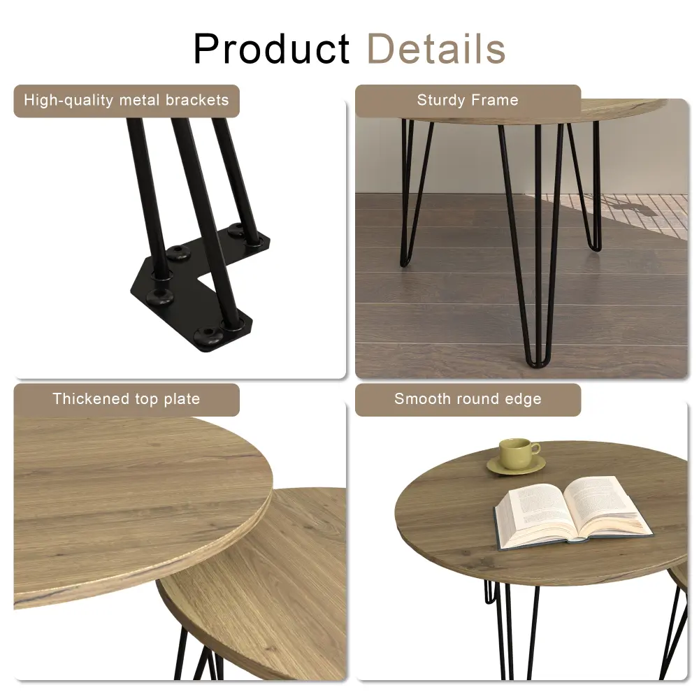 27.56 Inch Round Nesting Coffee Tables Set of 2, Round Wood Tabletop, Sturdy Metal Base for Living Room, Bedroom