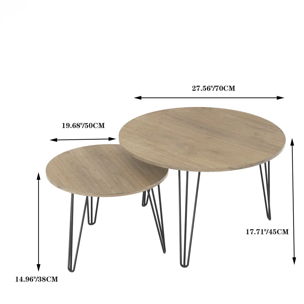 27.56 Inch Round Nesting Coffee Tables Set of 2, Round Wood Tabletop, Sturdy Metal Base for Living Room, Bedroom