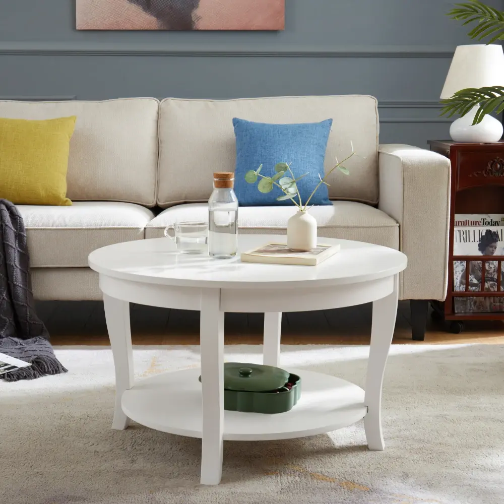 Traditional Round Coffee Table with Open Storage Shelves, 2Tier Storage Wooden Centerpiece Round Accent Table, 30 X 30 X 18 Inch