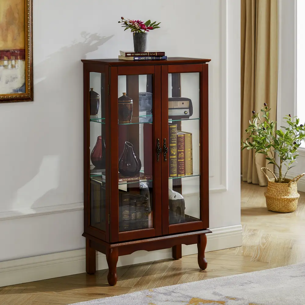 Lighted Antique Display Cabinet with Adjustable Shelves and Mirrored Back, Tempered Glass Doors (Cherry, 3-Layer)