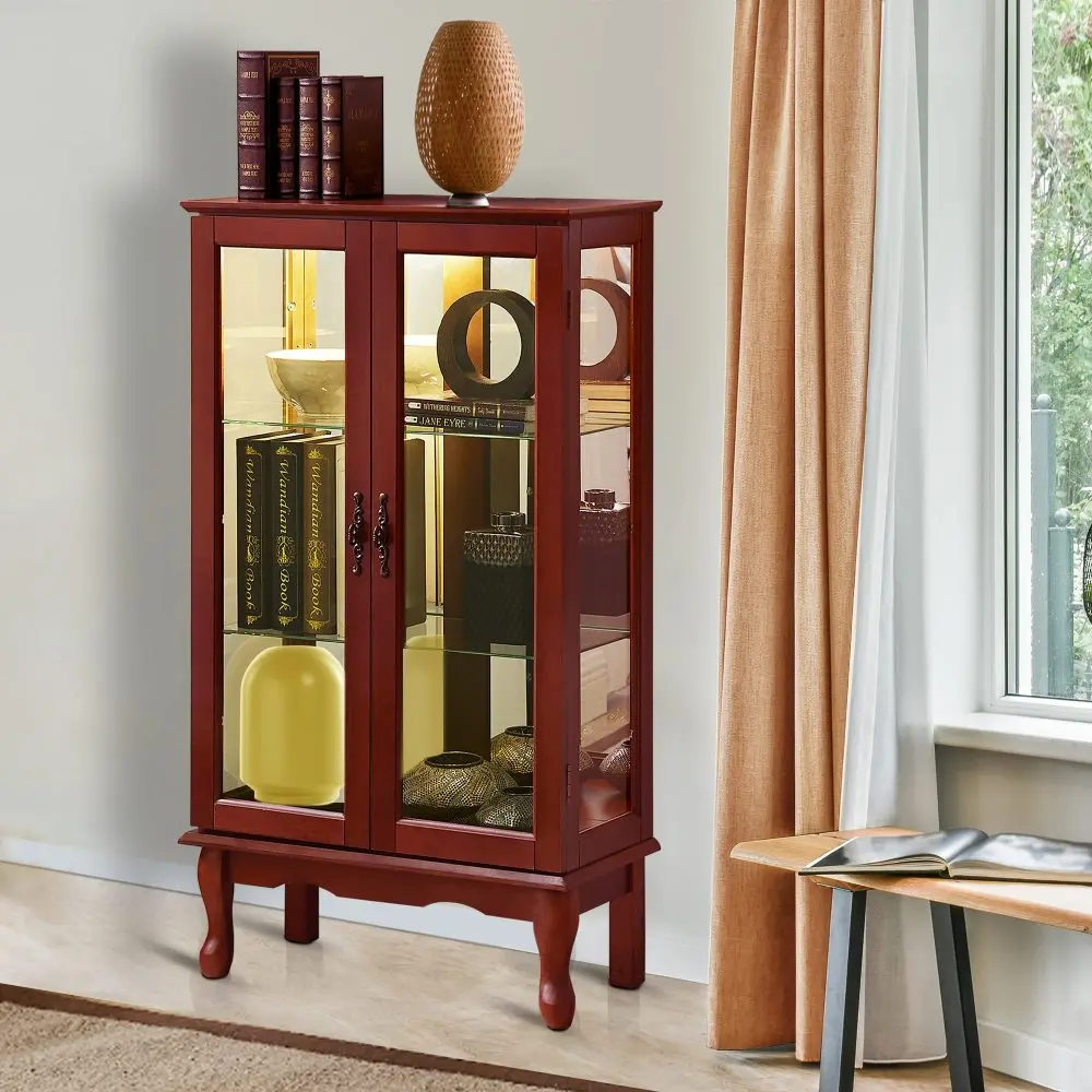Lighted Antique Display Cabinet with Adjustable Shelves and Mirrored Back, Tempered Glass Doors (Cherry, 3-Layer)