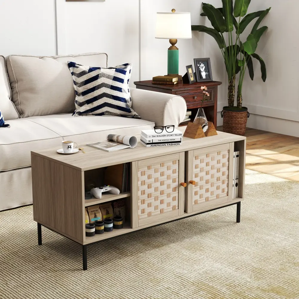 Woven Design Coffee Table with 4 Sliding Doors and Symmetrical Design Storage Coffee Tables