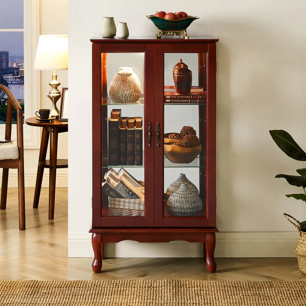 Lighted Antique Display Cabinet with Adjustable Shelves and Mirrored Back, Tempered Glass Doors (Cherry, 3-Layer)