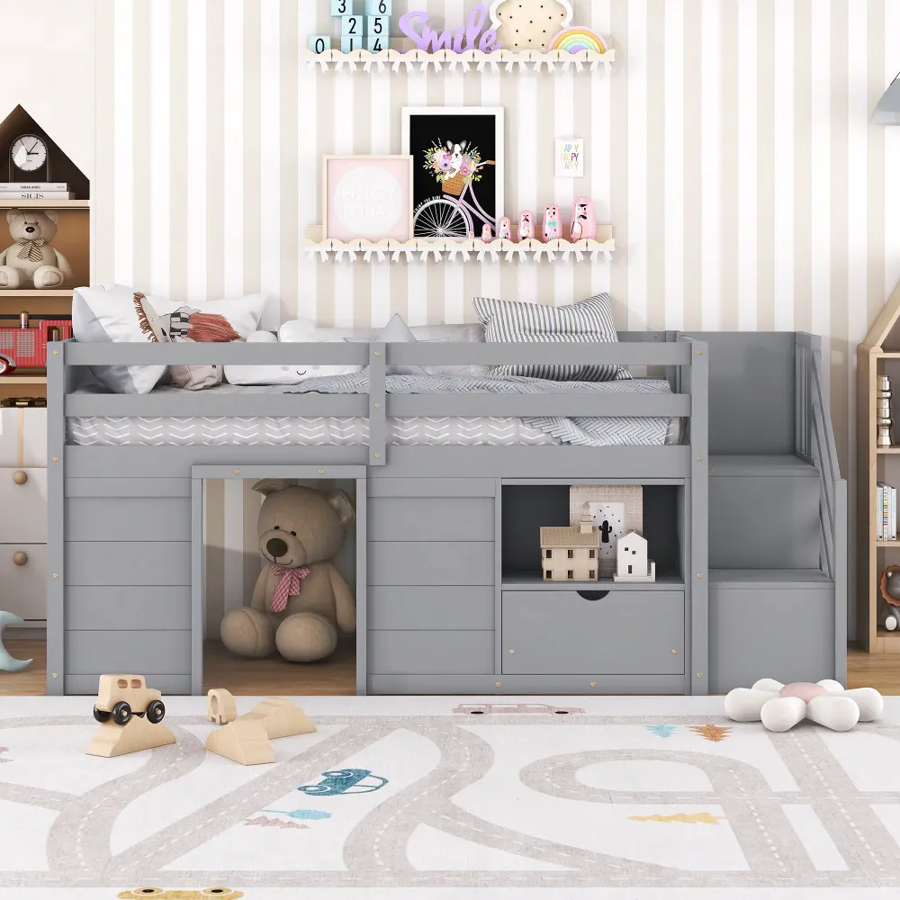 Single Bed, Solid Wood Double Low Loft Bed with Stairs, Drawers and Shelves in Grey Bed Frame  Bedroom Furniture